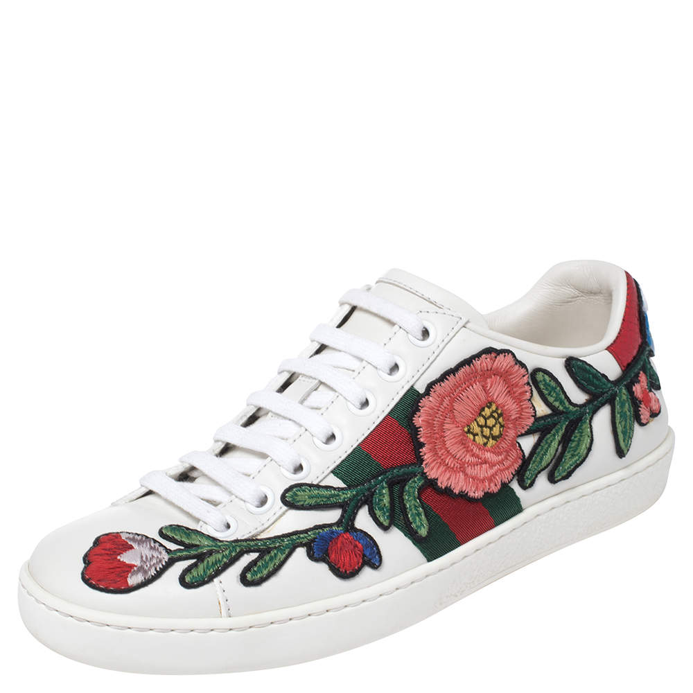 Gucci White Floral Embroidered Leather Ace Low Top Sneakers Size 35