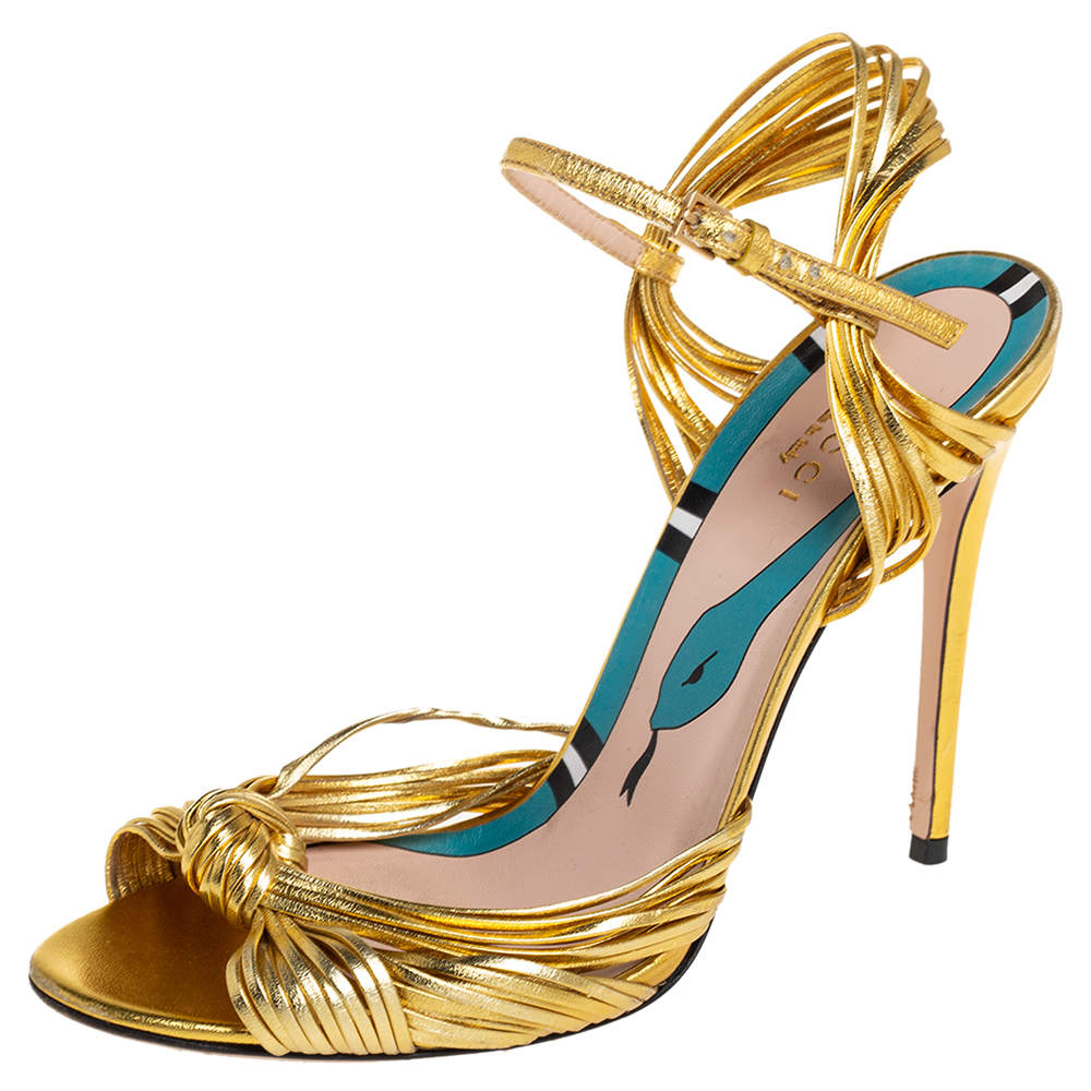 Gucci Metallic Gold Leather Strappy Allie Knot Sandals Size 37.5