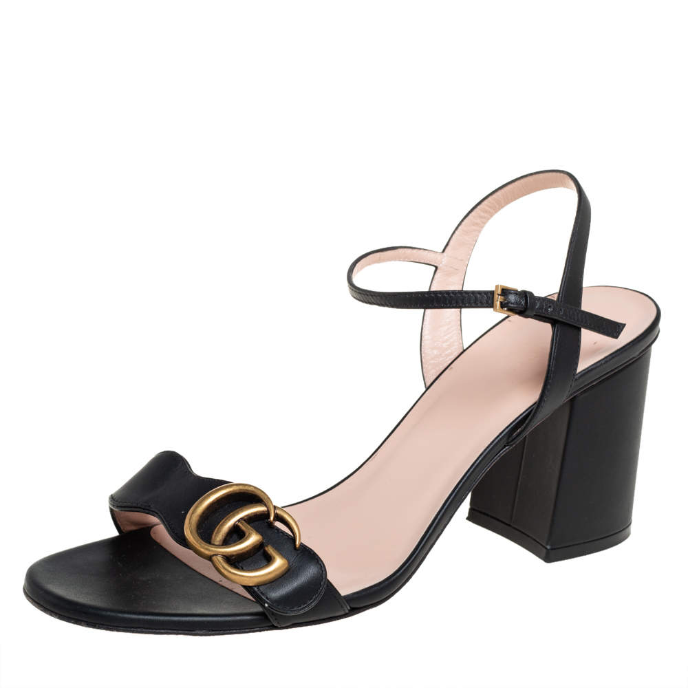 Pre Owned Gucci Black Leather GG Marmont Ankle Strap Block Heel Sandals Size 39