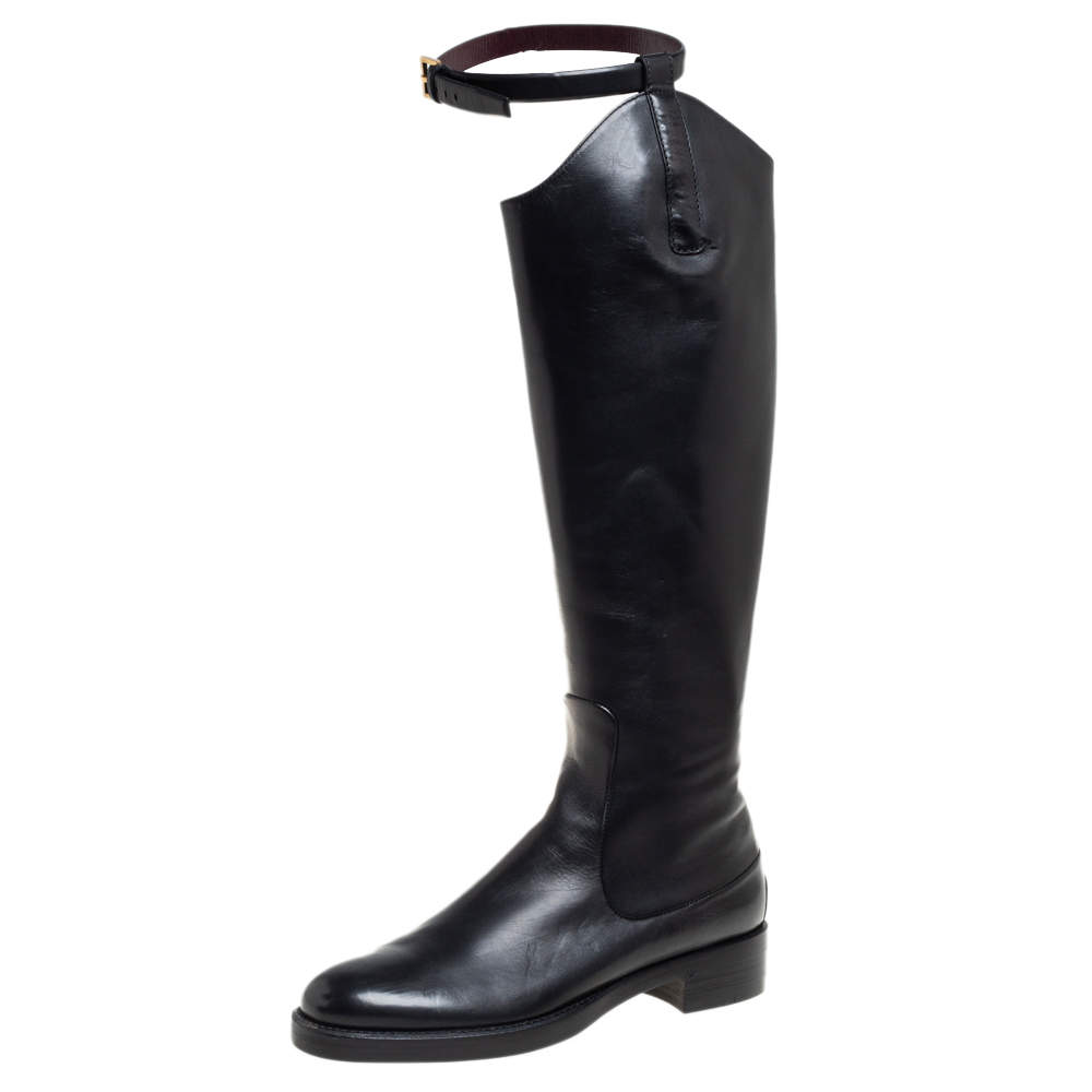 Pre Owned Gucci Black Leather Knee Length Boots Size 38.5