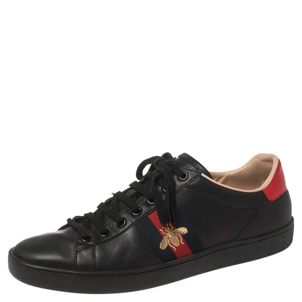 Gucci Black Leather Ace Web Low Top Sneakers Size 39.5