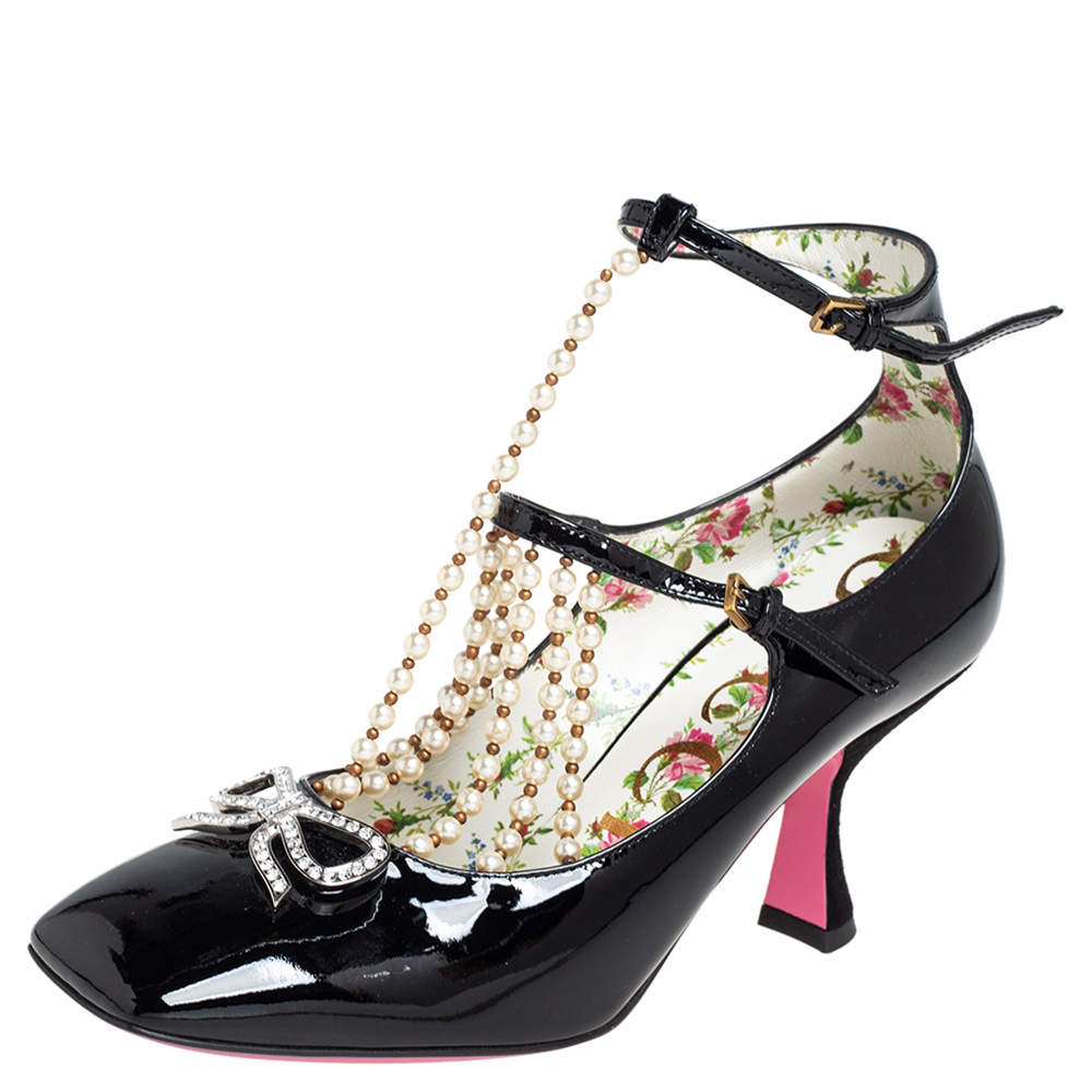 Pre Owned Gucci Black Patent Leather Pearl Embellished T Strap Pumps Size 37