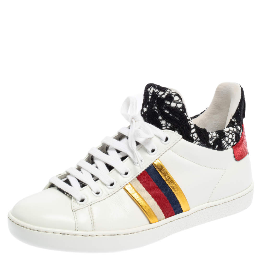 مملوكة مسبقًا حذاء رياضي غوتشي مرتفع من أعلى أيس رباط وجلد أبيض مقاس 35