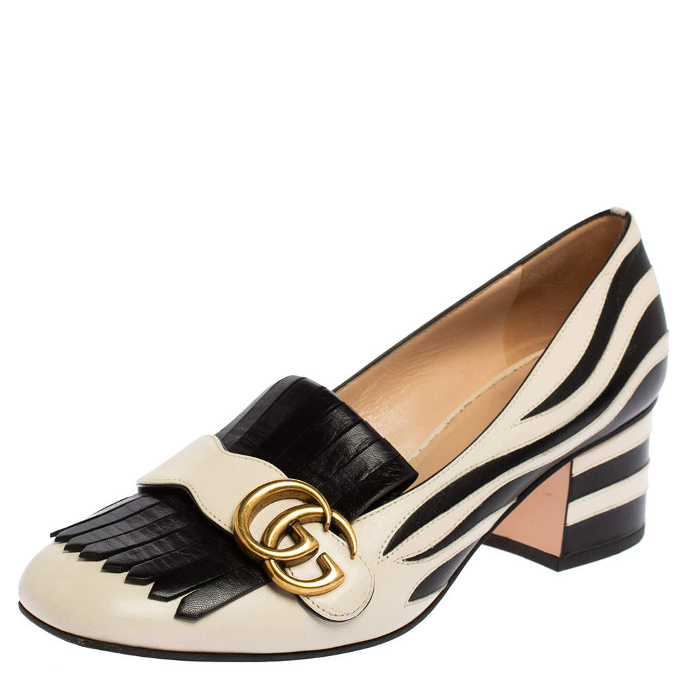 مملوكة مسبقًا حذاء كعب عالي غوتشي مارمونت جلد مزين نقشة الحمار الوحشي أبيض/أسود مقاس 37.5