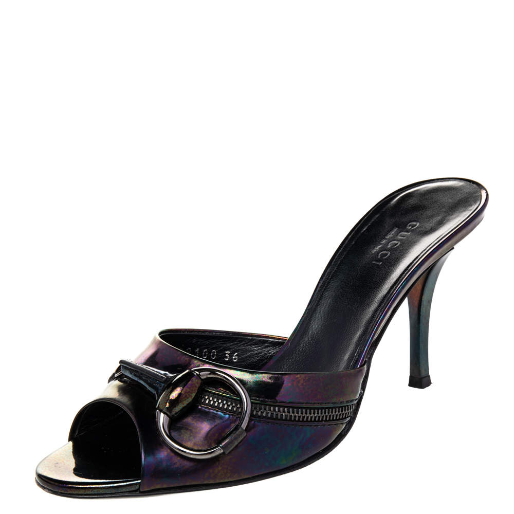 Gucci Multicolor Iridescent Patent Leather Horsebit Slide Sandals Size 36 