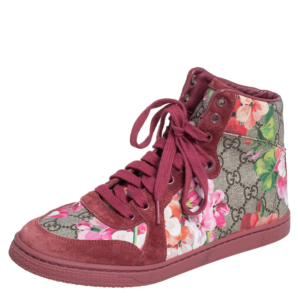 Pre Owned Gucci Pink Blooms Print Coated Canvas and Suede High Top Sneakers Size 38