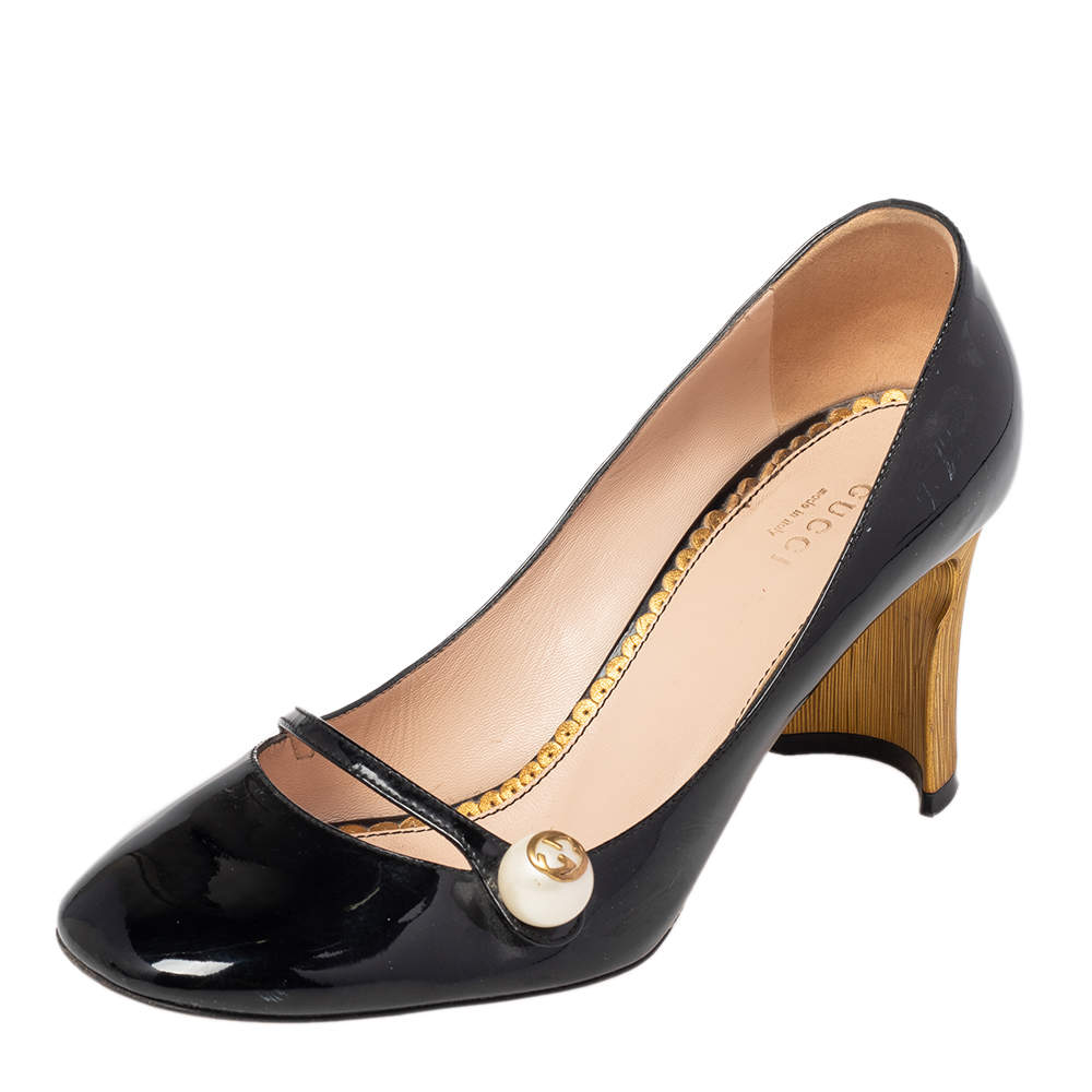 Gucci Black Patent Leather Arille Pearl Pumps Size 37