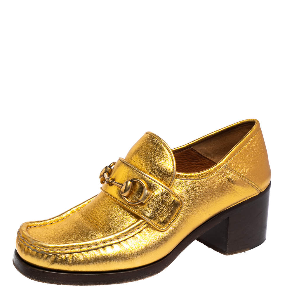 Gucci Gold Leather Horsebit Vegas Loafers Pumps Size 37