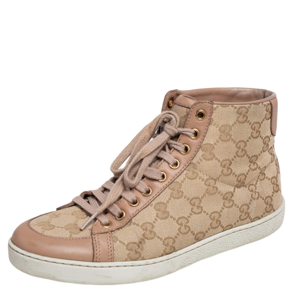 Gucci Beige Leather And GG Supreme Canvas  High Top Sneakers Size 37.5