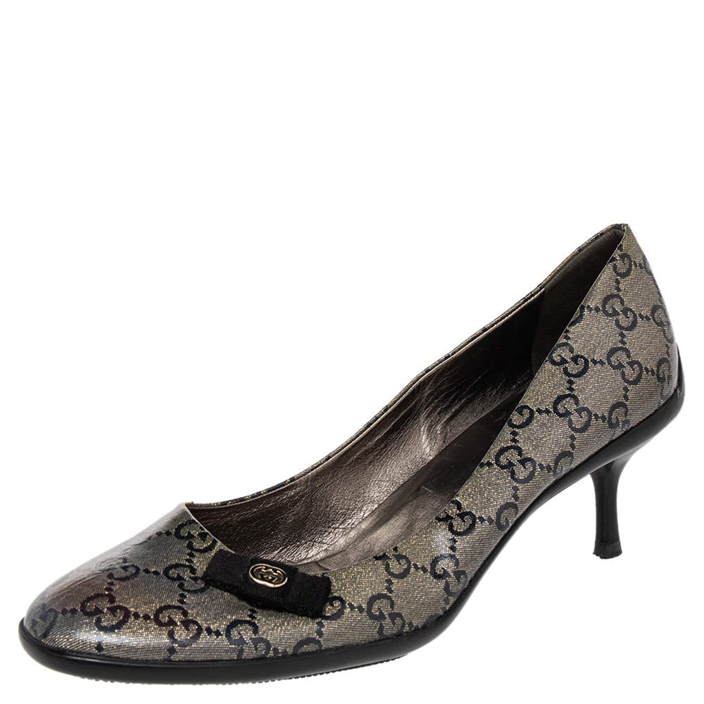 مملوكة مسبقًا حذاء كعب عالي غوتشي  كانفاس كريستال  GG رصاصي ميتاليك / أسود بفيونكة مقاس 39