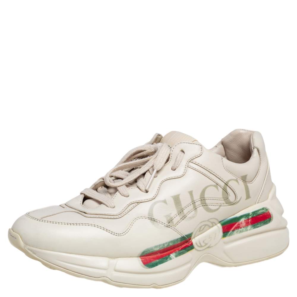 Gucci Off White Leather Rhyton Gucci Logo Print Low Top Sneakers Size 39