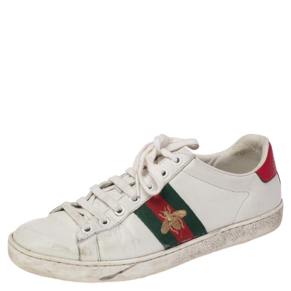 Pre Owned Gucci White Leather Ace Bee Embroidered Low Top Sneakers Size 36.5