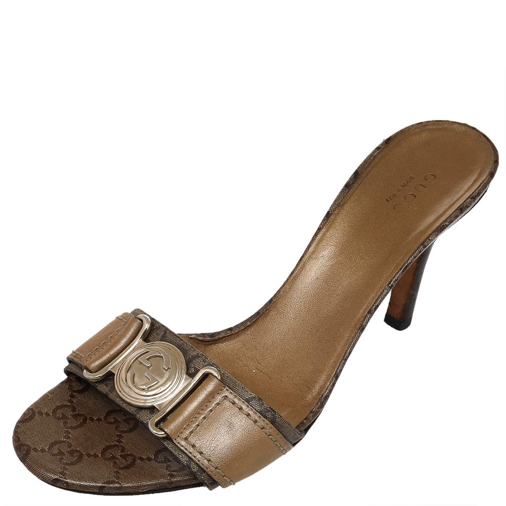 Gucci Gold/Brown GG Crystal Canvas and Leather Interlocking G Buckle Slide Sandals Size 37.5