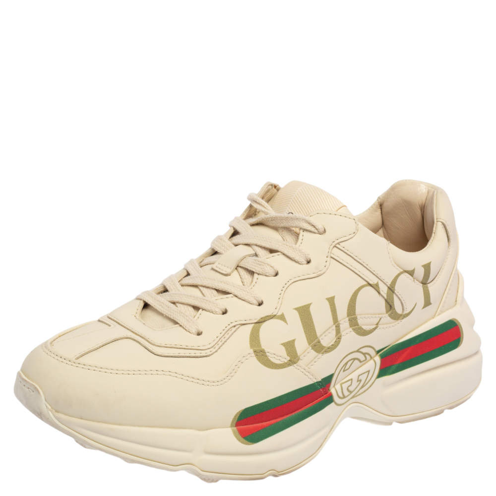 Pre Owned Gucci Cream Leather Rhyton Low Top Sneakers Size 37