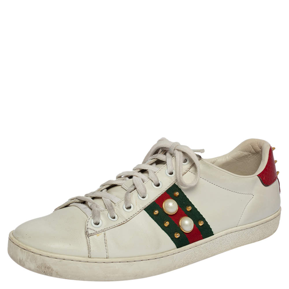 Gucci White Leather Ace Studded Low Top Sneakers Size 39.5