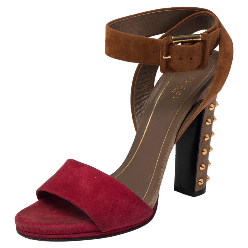 Pre Owned Gucci Tricolor Suede Madison Studded Block Heel Sandals Size 39.5