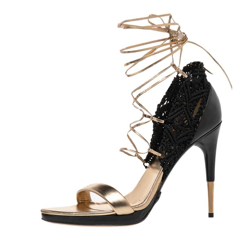Gucci Gold/Black Leather And Crochet Open Toe Ankle Wrap Sandals Size 38 