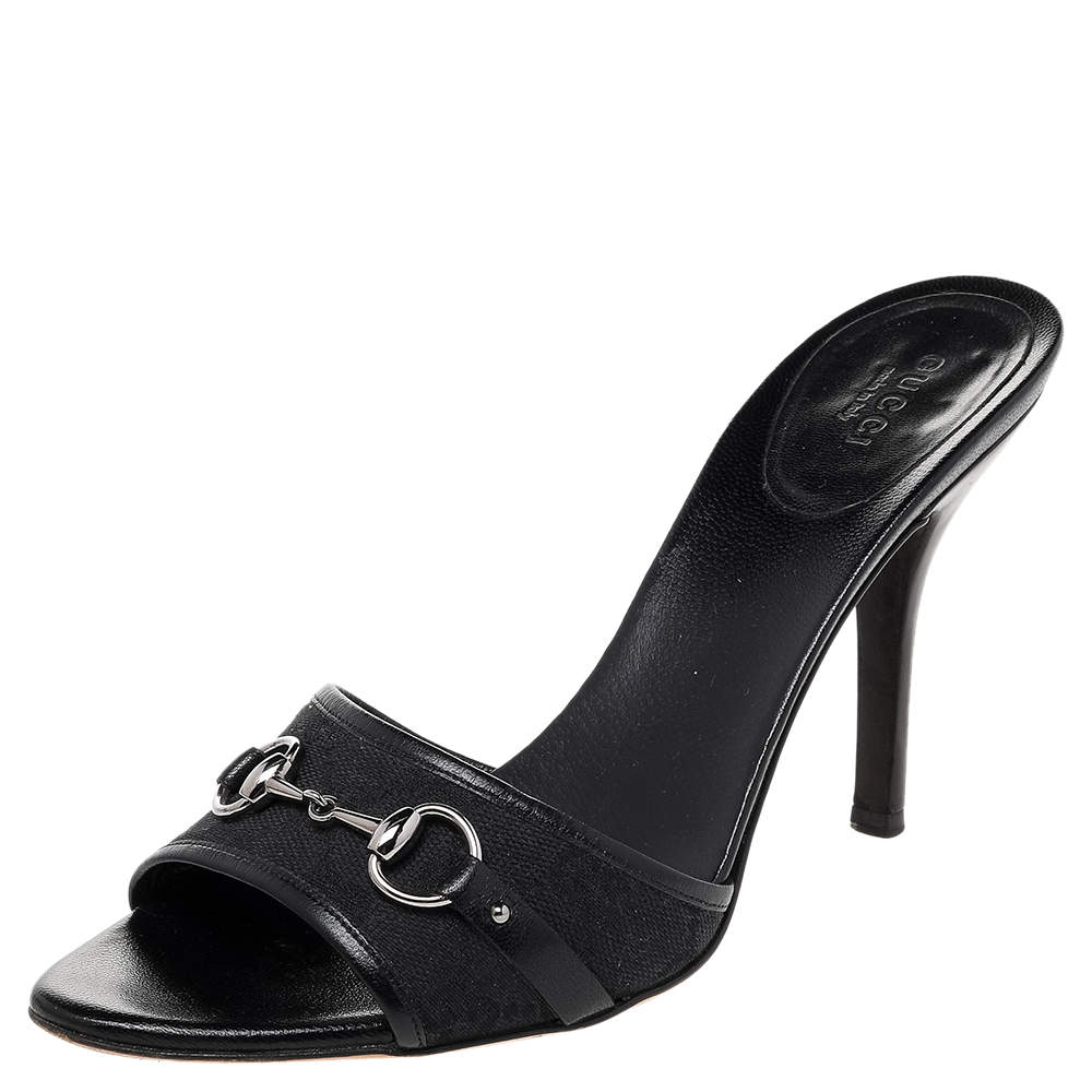 Pre Owned Gucci Black GG Canvas And Leather Horsebit Slide Sandals Size 37.5