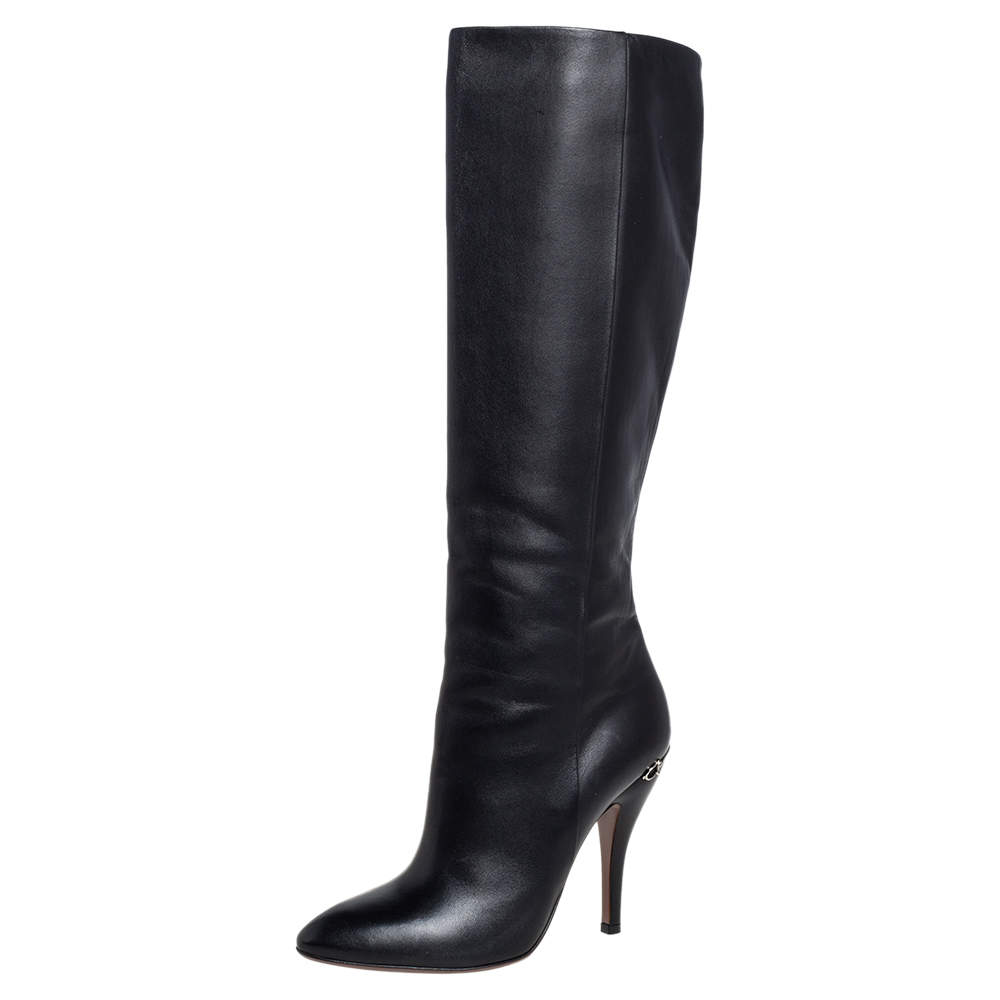 Pre Owned Gucci Black Leather Adina Knee Length Boots Size 38.5