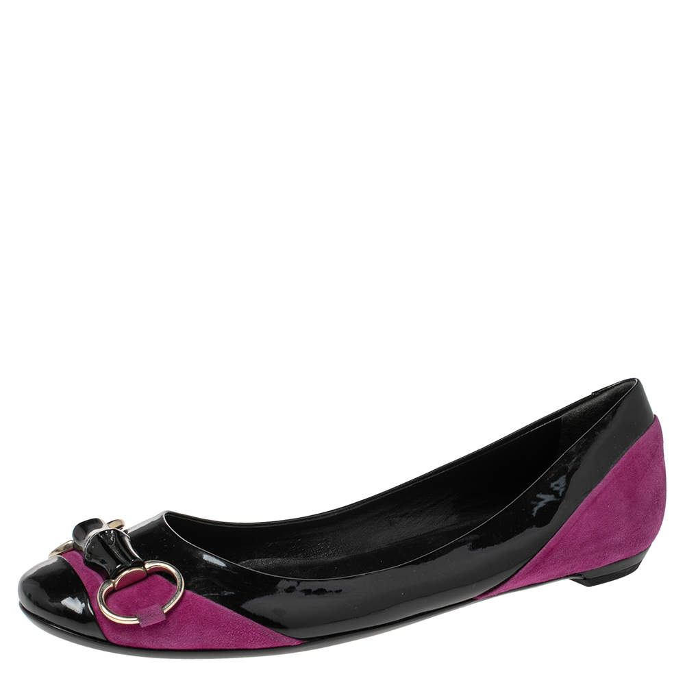 Gucci Black/Purple Patent Leather and Suede Bamboo Horsebit Ballet Flats Size 38