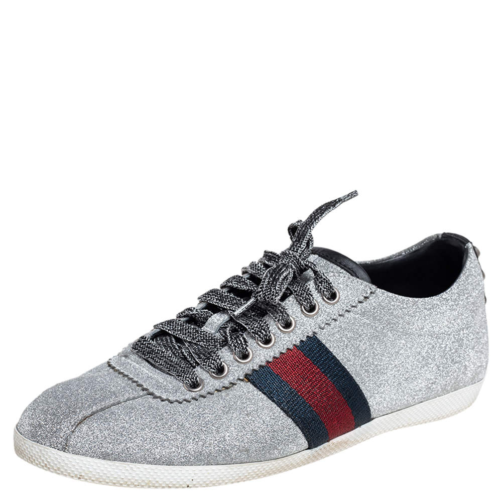 Pre Owned Gucci Silver Glitter Leather Bambi Web Sneakers Size 39.5