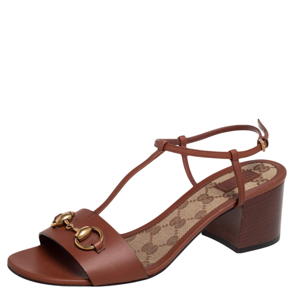 Pre Owned صندل غوتشي سير حرف تي مزين هورسبيت جلد بني مقاس 39