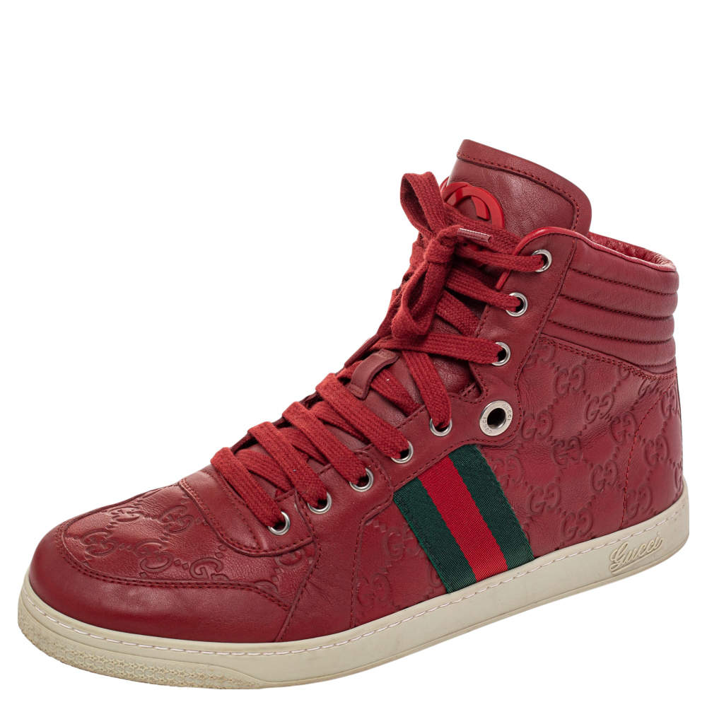 Pre Owned Gucci Red Guccissima Leather Web Detail High Top Sneakers Size 41