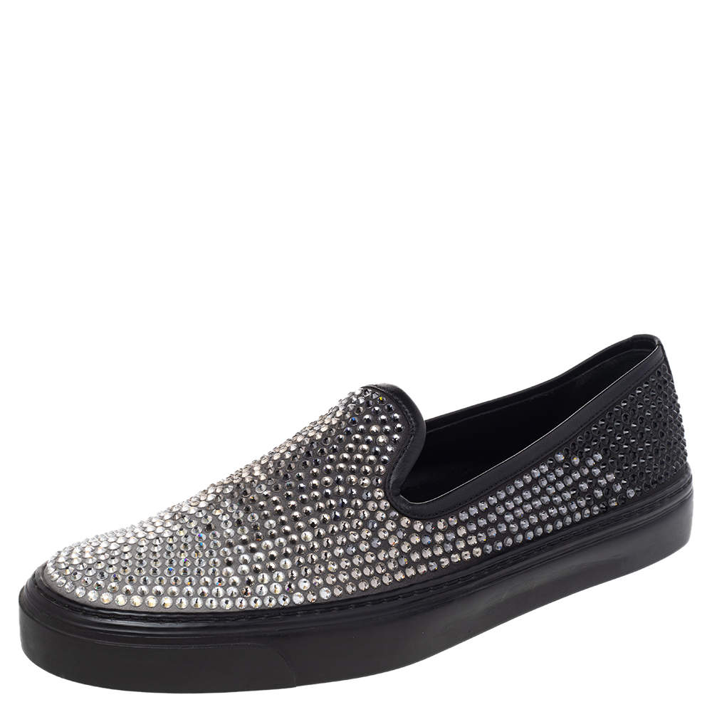 Pre Owned Gucci Two Tone Satin Crystal Embellished Slip On Sneakers Size 39