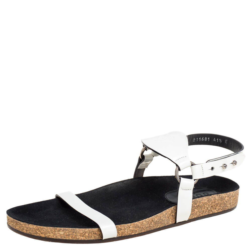 Pre Owned Gucci White Patent Leather Open Toe Ankle Strap Flats Size 41.5