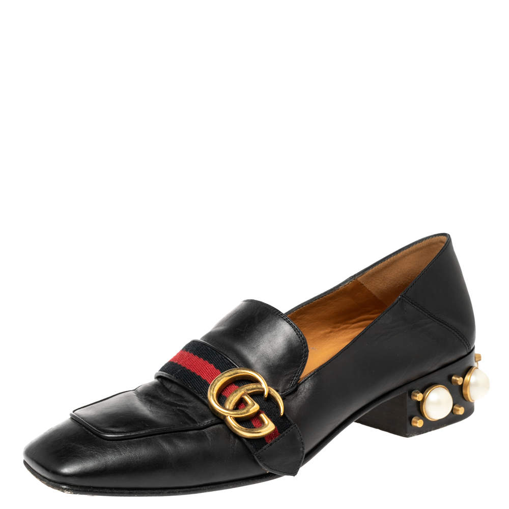 Gucci Black Leather Pearl Embellished Double G Web Loafers Size 39