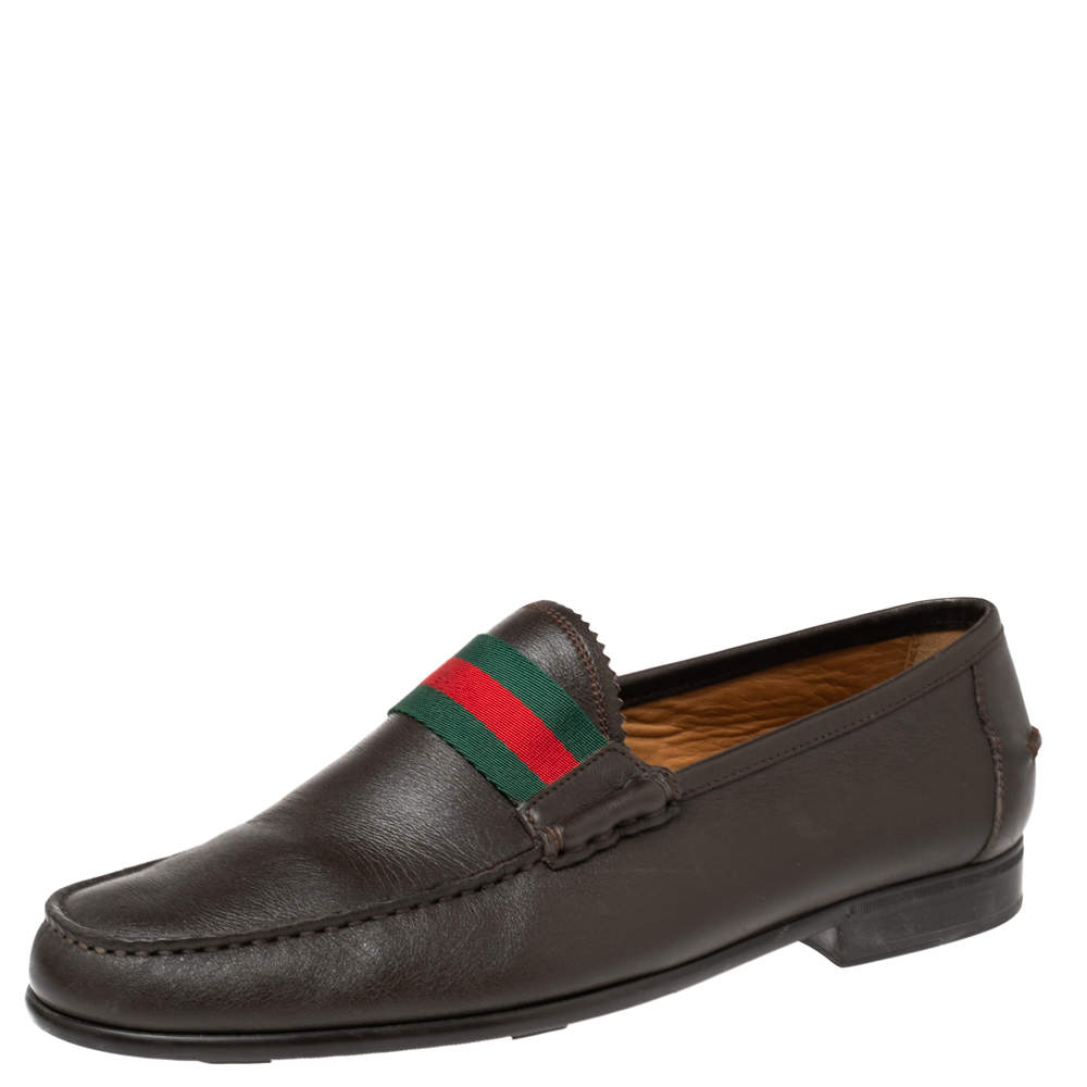 Pre Owned Gucci Brown Leather Frederik Web Loafers Size 40