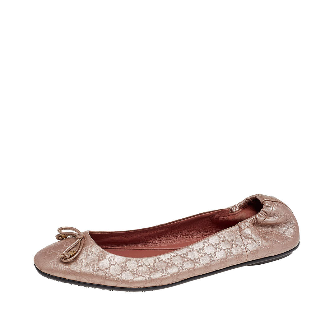 Pre Owned Gucci Pink Micro Guccissima Leather Bow Detail Ballet Flats Size 37.5