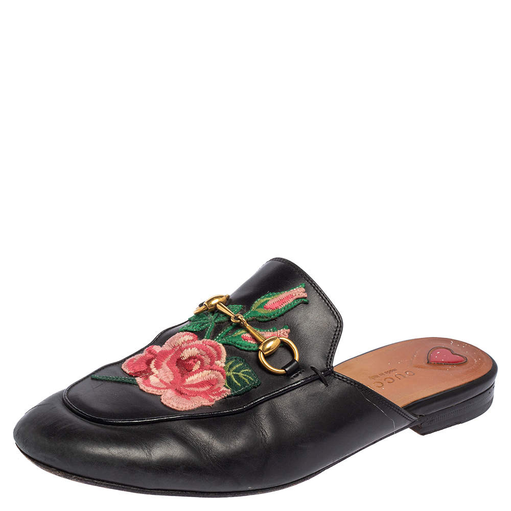 Pre Owned Gucci Black Floral Embroidered Leather Princetown Mules Size 39.5