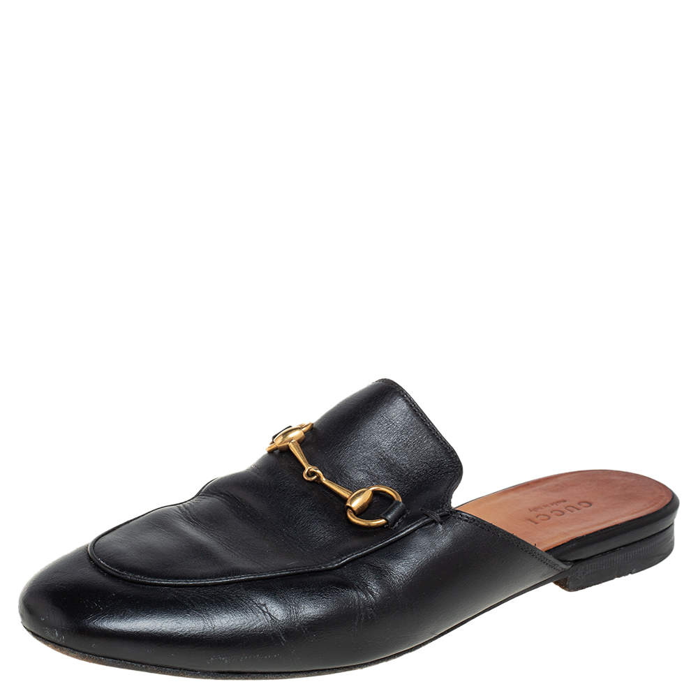 Gucci Black Leather Princetown Mule Flats Size 38.5
