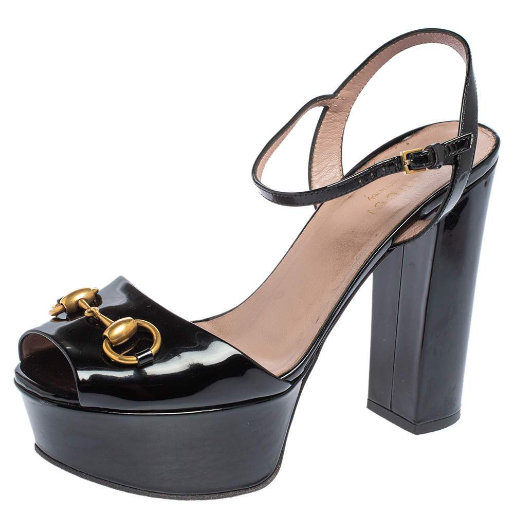Gucci Black Patent Leather Claudie Horsebit Peep Toe Platform Sandals Size 37