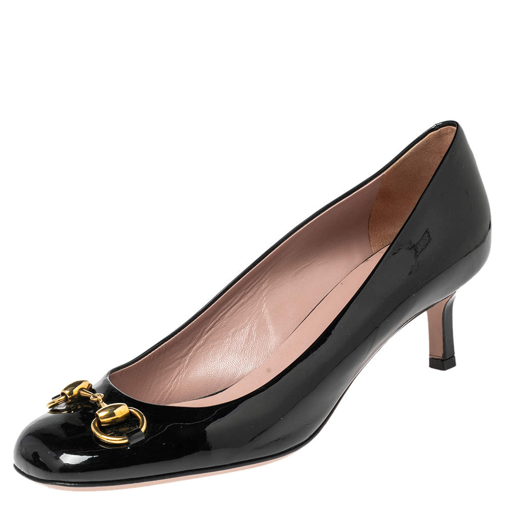 Pre Owned Gucci Black Patent Leather Horsebit Square Toe Pumps Size 38.5