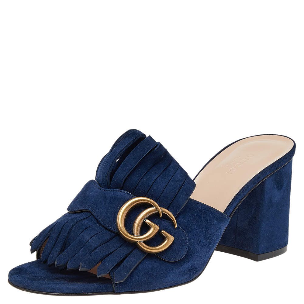 مملوكة مسبقًا Gucci Blue Suede Leather GG Marmont Fringe Mules Size 38.5