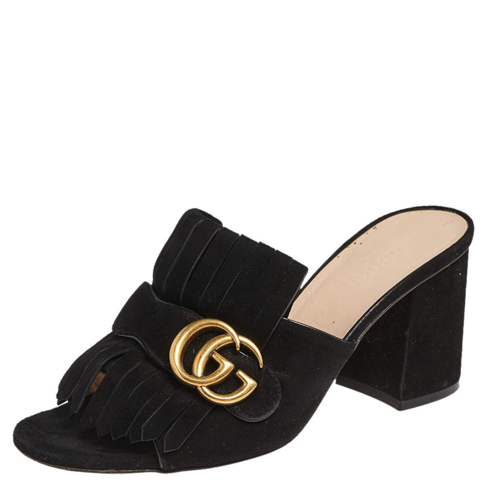 مملوكة مسبقًا Gucci Black Suede GG Marmont Fringe Sandals Size 37