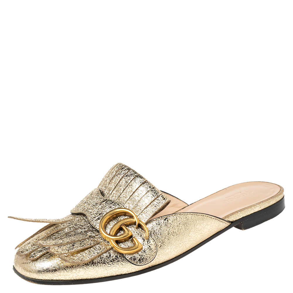 Gucci Metallic Gold Crinkled Leather Marmont Kiltie GG Fringe Mules Size 37