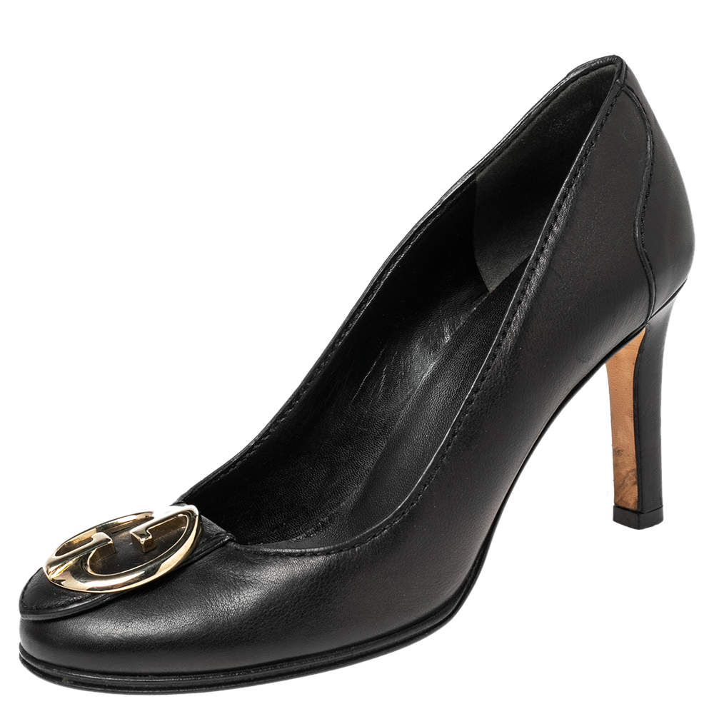 Pre Owned Gucci Black Leather GG Interlocking Pumps Size 36