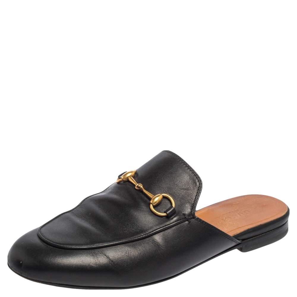 Pre Owned Gucci Black Leather Princetown Mules Size 37