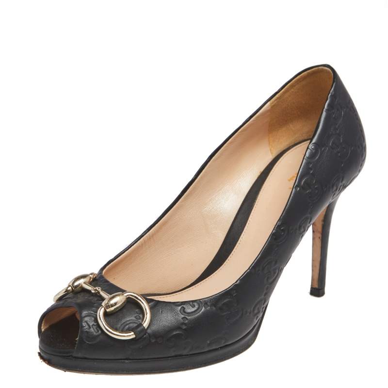 مملوكة مسبقًا حذاء كعب عالي غوتشي مقدمة مفتوحة هورسبيت نيو هوليوود جلد غوتشيسيما أسود مقاس 37.5 