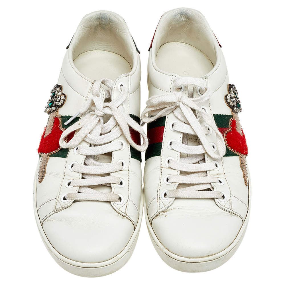 GUCCI Ace Lips low top sneakers leather white python heels 8 US 38 EUR  431919