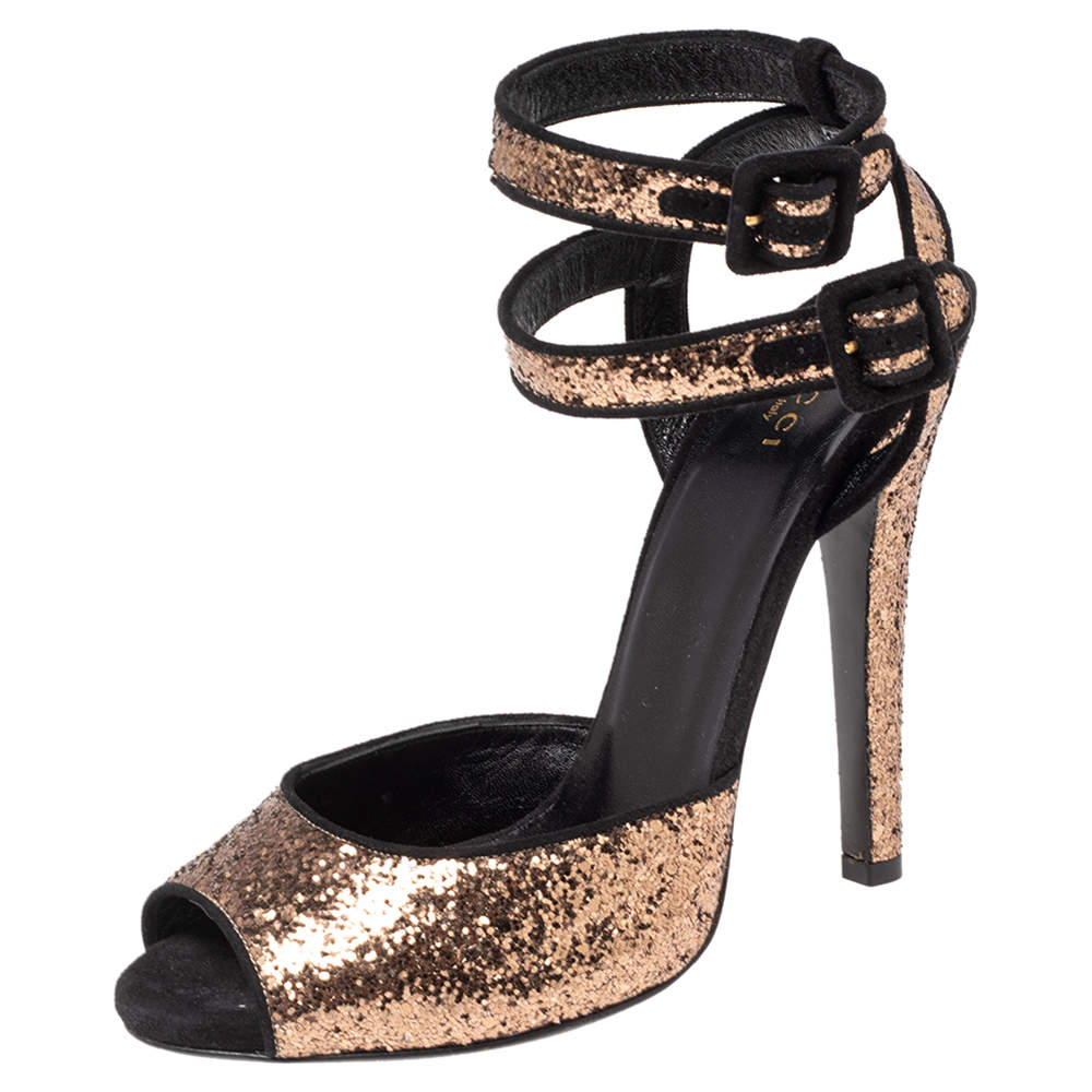 Pre Owned Gucci Black/Gold Glitter and Suede Ankle Strap Sandals Size 38
