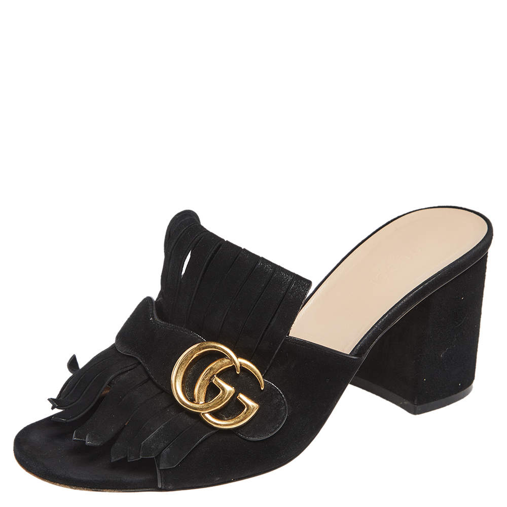 مملوكة مسبقًا Gucci Black Suede Leather GG Marmont Fringe Mules Size 38.5