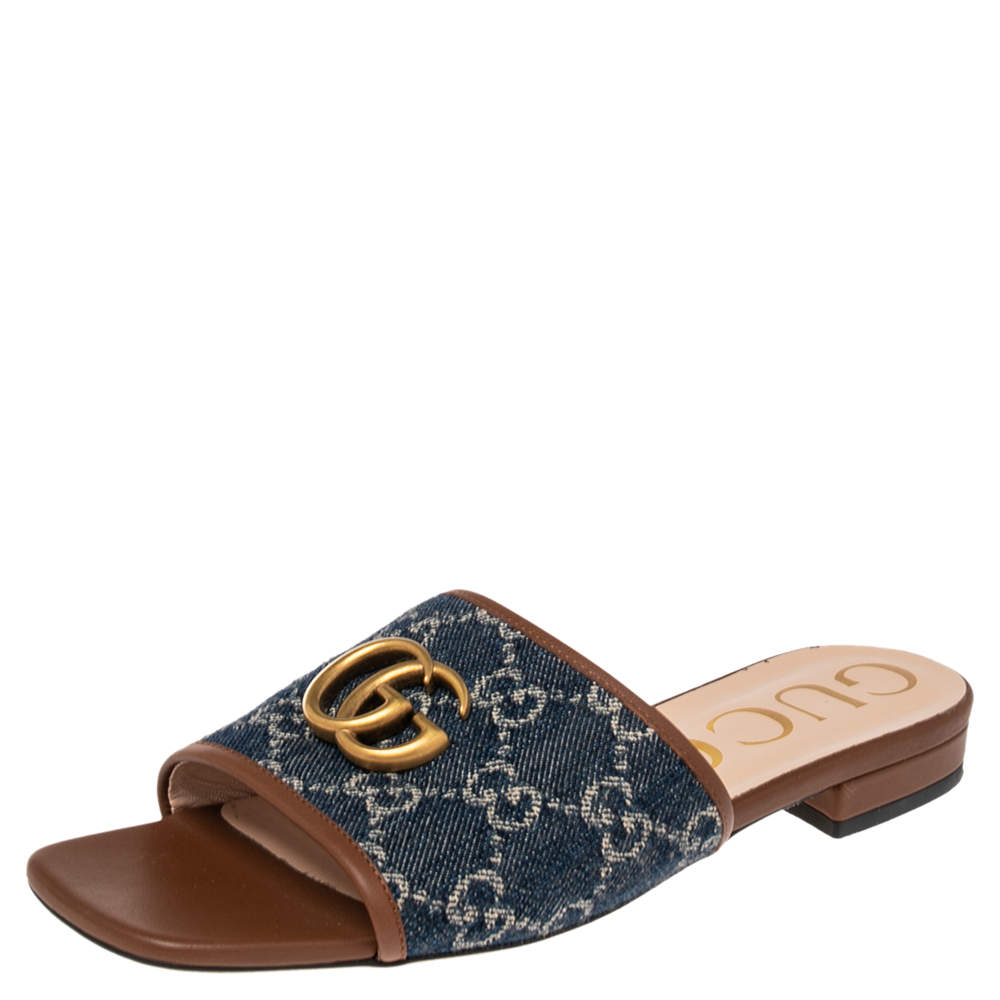 Pre Owned صندل سلايد غوتشي جلد ودينم أزرق بشعار G مزدوج مقاس 37