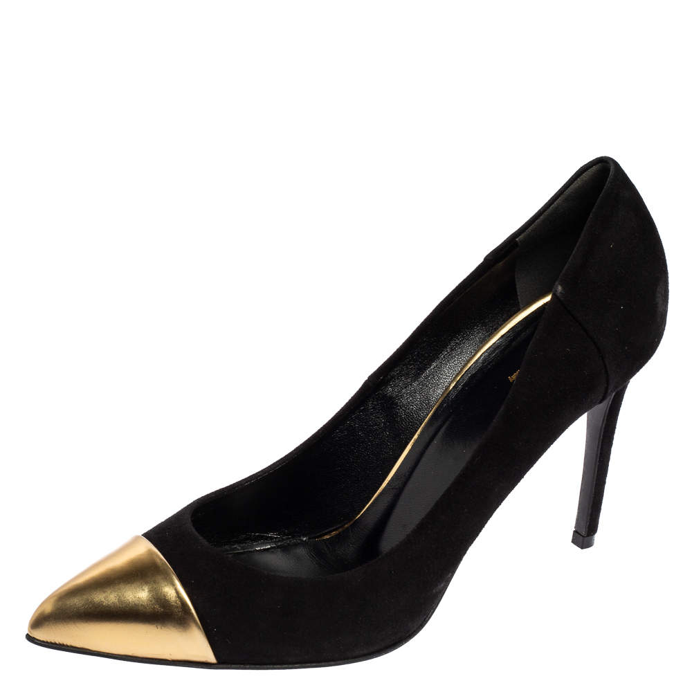 Gucci Black Suede Gold Cap Toe Pointed Pumps Size 39