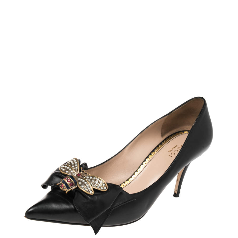 Pre Owned حذاء كعب عالي غوتشي كوين مارغريت جلد أسود فيونكة مزخرفة مقاس 40 