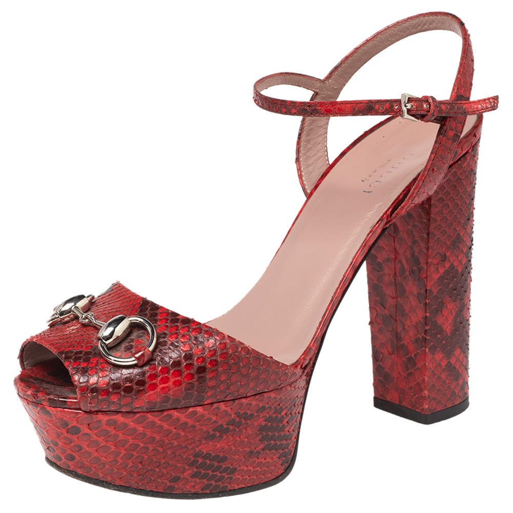 Gucci Red  Python Leather Horsebit Platform Sandals Size 37.5