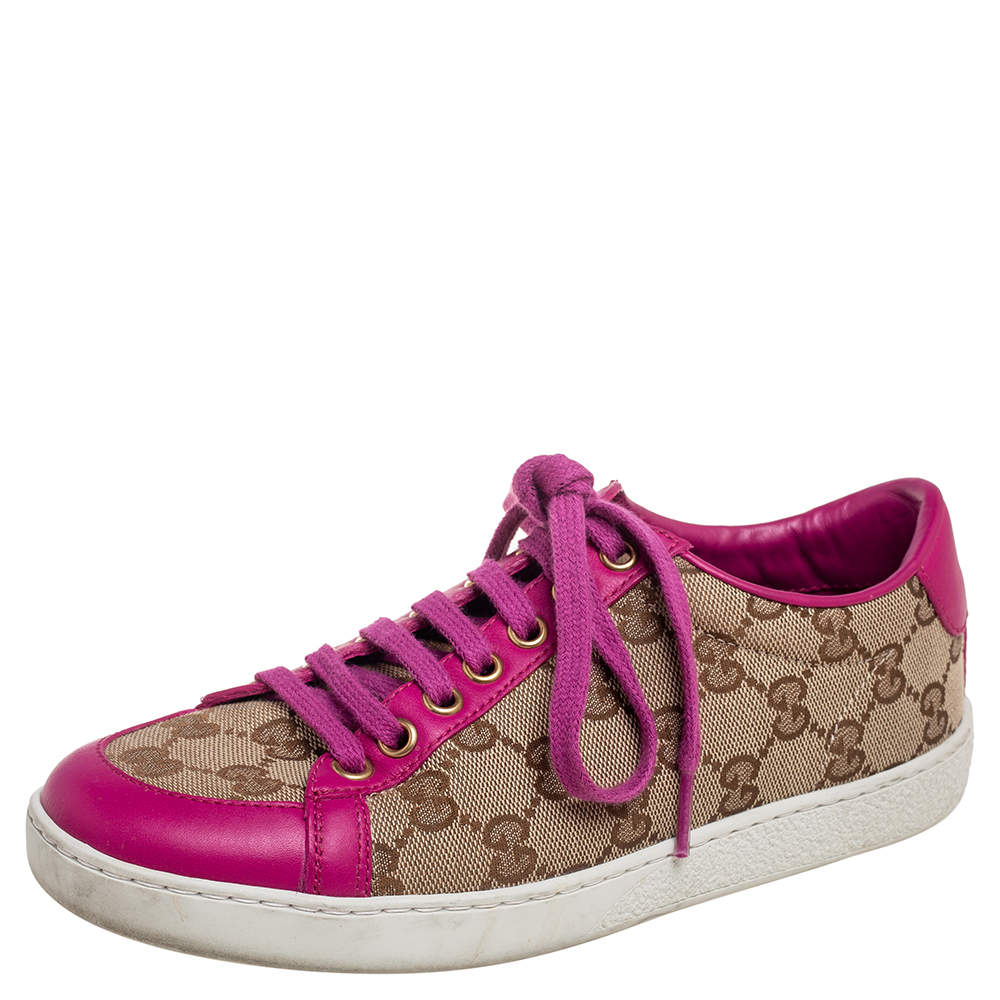 Gucci Beige/Pink Leather And GG Supreme Canvas Low Top Sneakers Size 35
